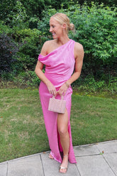 One-Shoulder Hot pink Bridesmaid Dress Mermaid Satin Maxi Dress Mychicdress